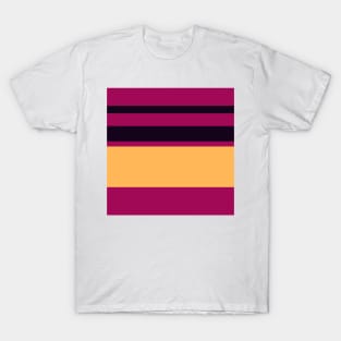 A fashionable patchwork of Almost Black, Dark Fuchsia, Brick Red, Dark Peach and Pastel Orange stripes. T-Shirt